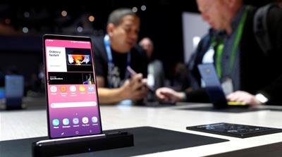 A Galaxy Note9 smartphone is displayed in the Samsung Electronics booth during the 2019 CES in Las Vegas