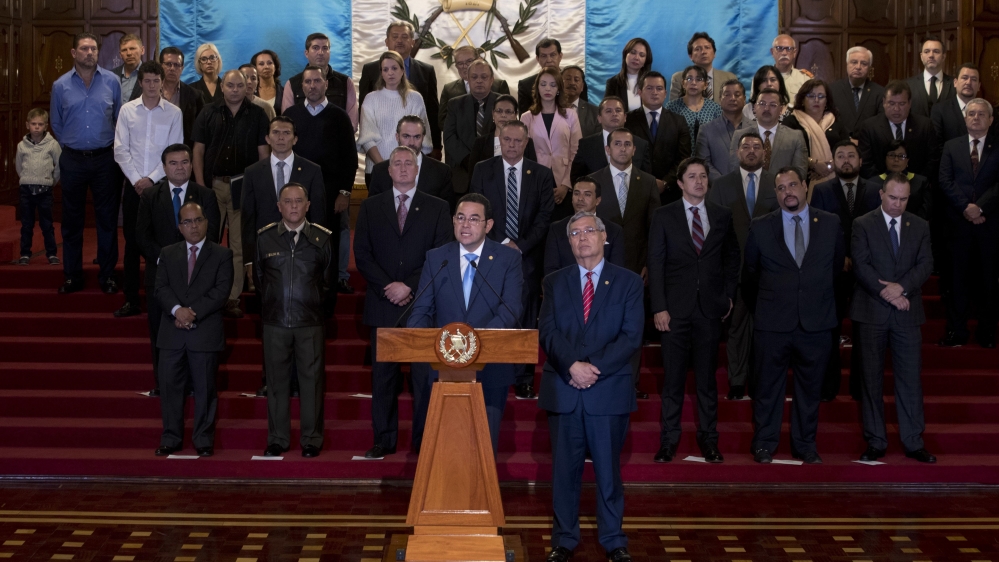 
President Jimmy Morales giving a statement at the National Palace in Guatemala City on January 7, 2019; Guatemala announced that it is going to withdraw from UN-sponsored anti-corruption commission [AP/Moises Castillo]
