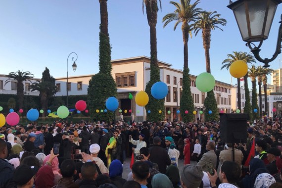 Amazigh people celebrate their new year outside the parliament with calls on the state to recognise the day as an official holiday and protect their language in Rabat