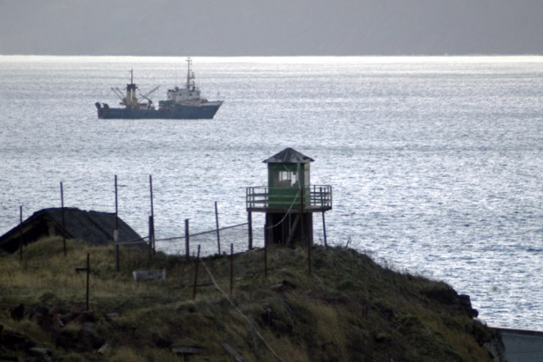 Russian border guards'' tower is seen on Kunashir Island, one of the disputed Kuril Islands