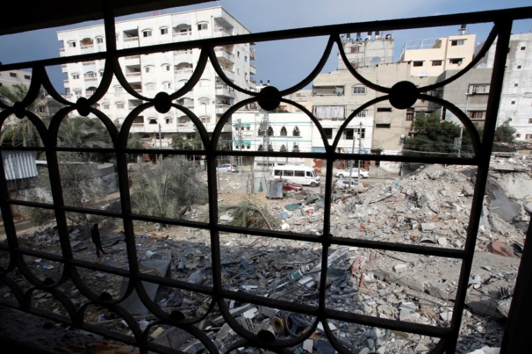 View shows the remains of a building destroyed by Israeli air strikes, in Gaza City