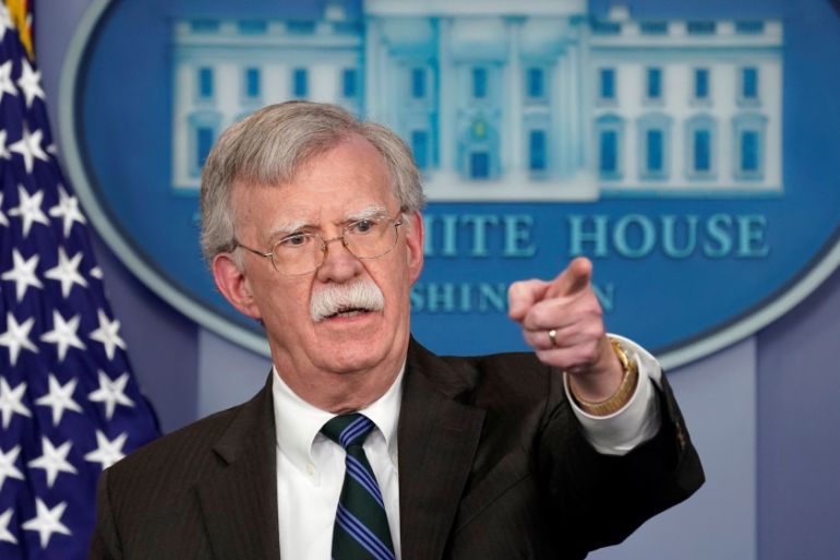 Bolton speaks during a press briefing at the White House in Washington