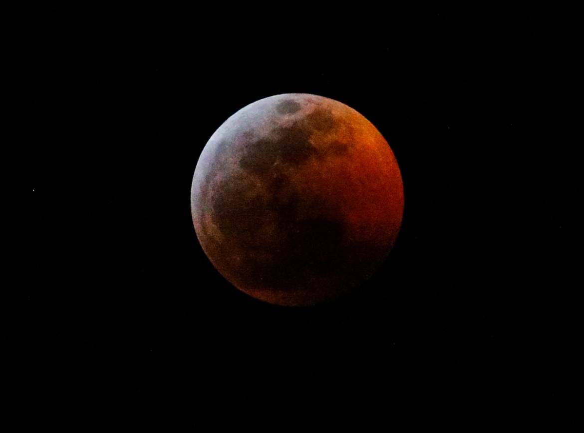 This photo shows the moon during a total lunar eclipse, seen from Los Angeles, Sunday Jan. 20, 2019. The entire eclipse will exceed three hours. Totality - when the moon''s completely bathed in Earth''s