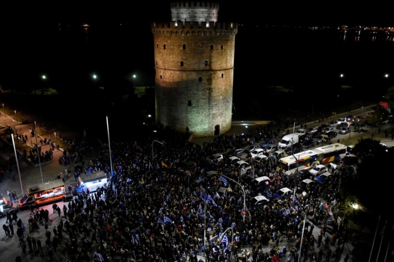 Protesters gather in front of the White Tower to demonstrate against the agreement reached by Greece and Macedonia to resolve a dispute over the former Yugoslav republic''s name, in Thessaloniki