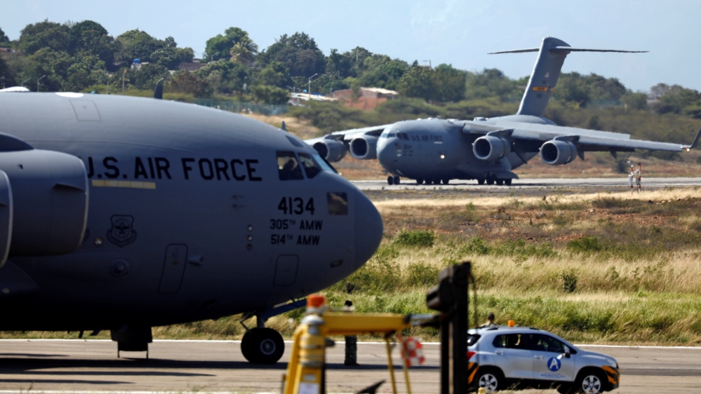 A second US Air Force plane carrying humanitarian aid for Venezuela taxis after landing at Camilo Daza Airport in Cucuta [Edgard Garrido/Reuters]