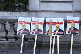 Placards can be seen outside the embassy as people protest against the killing of journalist Jamal Khashoggi in Turkey outside the Saudi Arabian Embassy in London, Britain, October 26 2018. REUTERS/Si