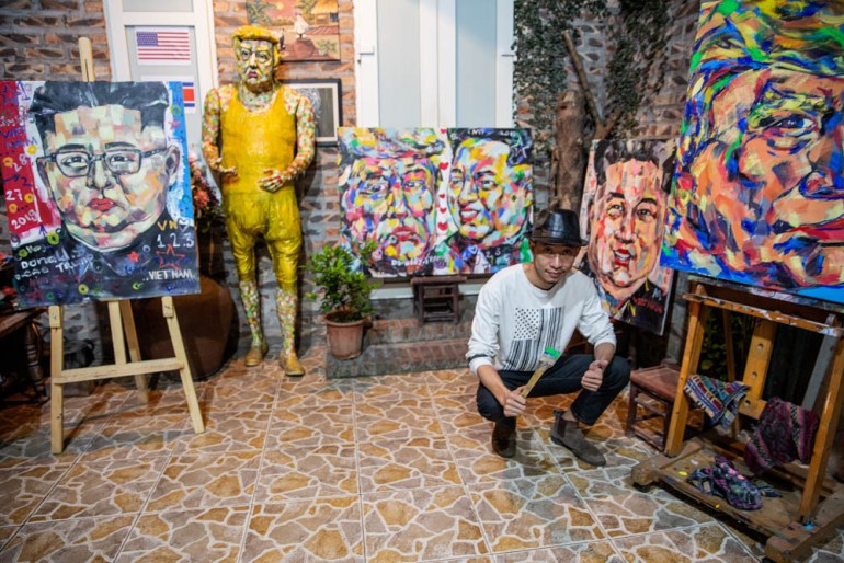 Binh Tran Lam is a 37-year-old artist drawing Trump and Kim paintings in his café. He wants to meet the two leaders and present them his work. He has also held exhibitions outside the White House on h