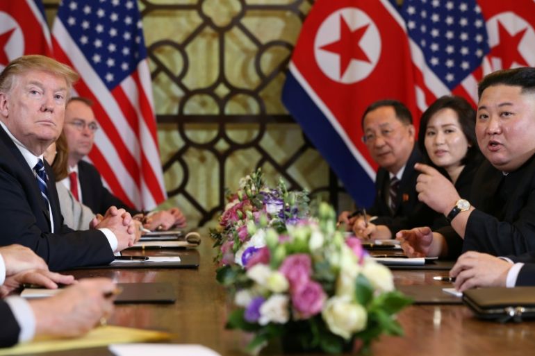 North Korea''s leader Kim Jong Un speaks as U.S. President Donald Trump looks on during the extended bilateral meeting in the Metropole hotel during the second North Korea-U.S. summit in Hanoi