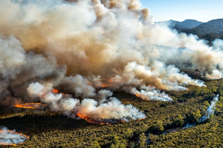 A large bushfire burns in Tasmania, Australia