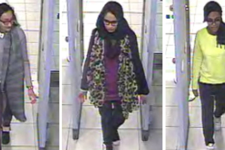 In this three image combo of stills taken from CCTV issued by the Metropolitan Police in London on Feb. 23, 2015, Kadiza Sultana, 16, left, Shamima Begum,15, center and 15-year-old Amira Abase going t