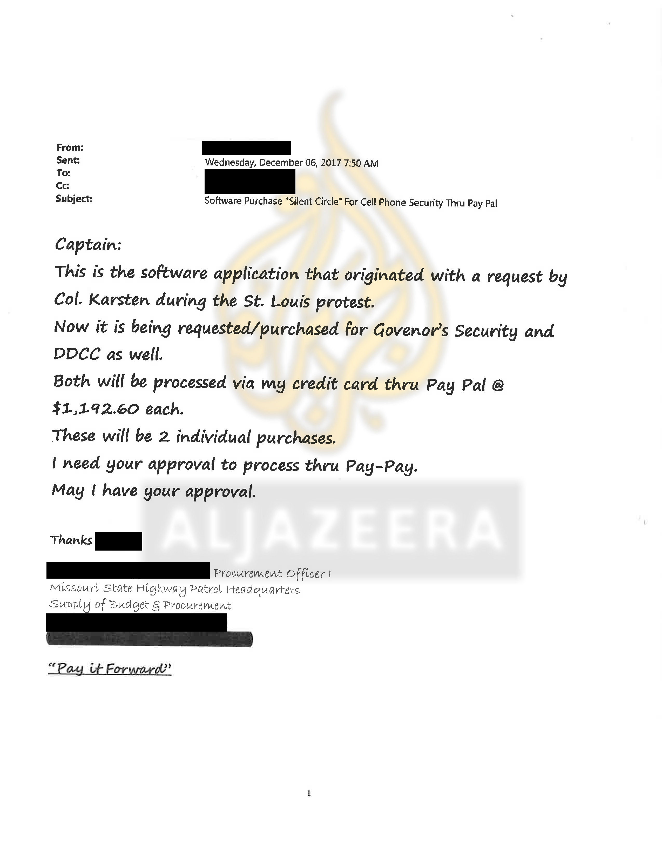 Email obtained by Al Jazeera shows the head of the Missouri Department of Public Safety was involved in the decision to use the app [Al Jazeera]