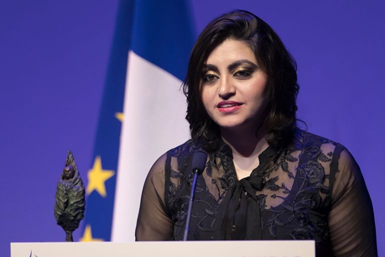 Pakistan''s Gulalai Ismail delivers an acceptance speech after being awarded the Prize for Conflict Prevention for the work of her organization ''Aware Girls'' promoting women''s issues and equality i