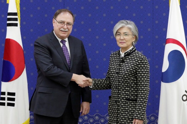 South Korean Foreign Minister Kang Kyung-wha and Timothy Betts, acting Deputy Assistant Secretary and Senior Advisor for Security Negotiations and Agreements in the U.S. Department of State,