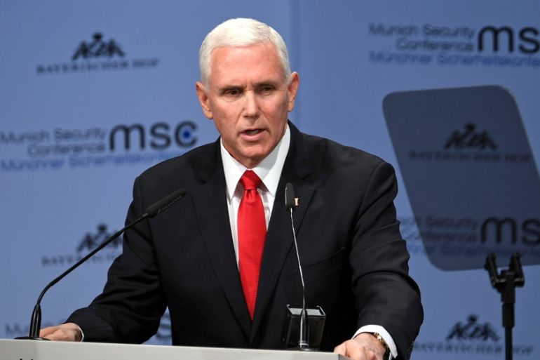 U.S. Vice President Mike Pence speaks during Munich Security Conference in Munich, Germany February 16, 2019