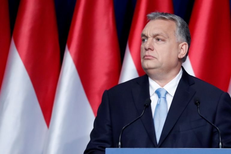 Hungarian Prime Minister Viktor Orban delivers his annual state of the nation speech in Budapest, Hungary, February 10, 2019. Banner reads "Hungary first!"