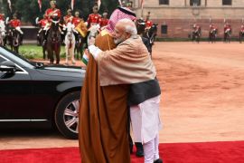 Crown Prince of Saudi Arabia Mohammad bin Salman greeted by Indian Prime Minister Narendra Modi in India