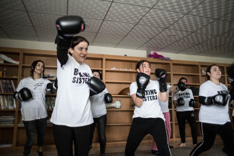 The Yazidis “Boxing Sisters” training in a room of the Rwanga Refugees’ Camp in Duhok Governorate. “Lotus Flowers”, a non-profit has launched in October 2018 a well-being programme that focuses on box