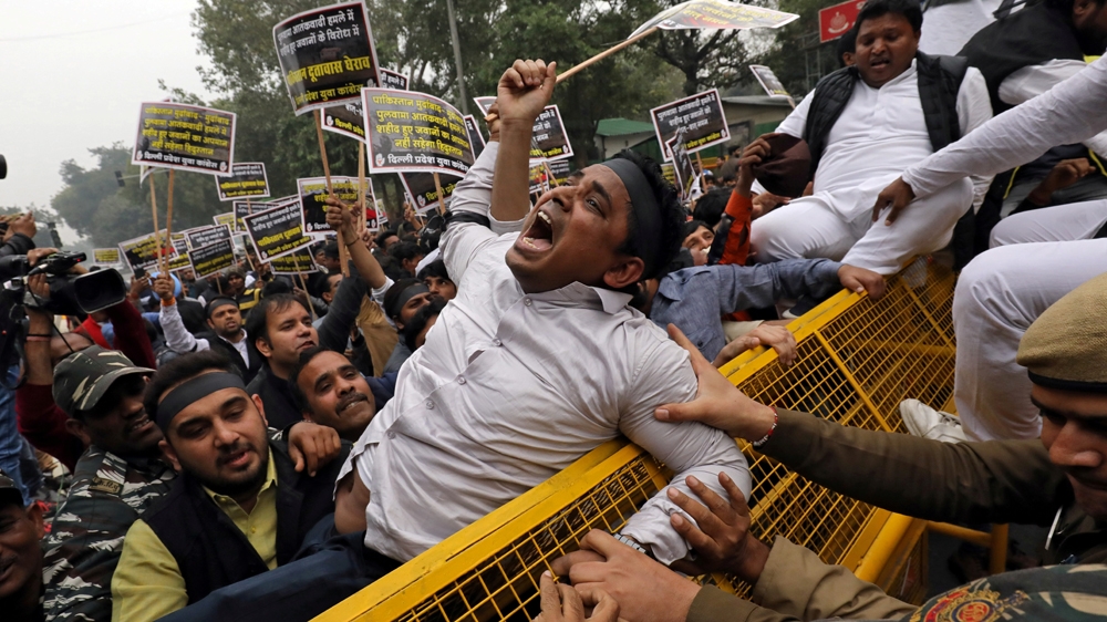 Protesters demand action from Modi after Thursday's suicide attack [Anushree Fadnavis/Reuters]