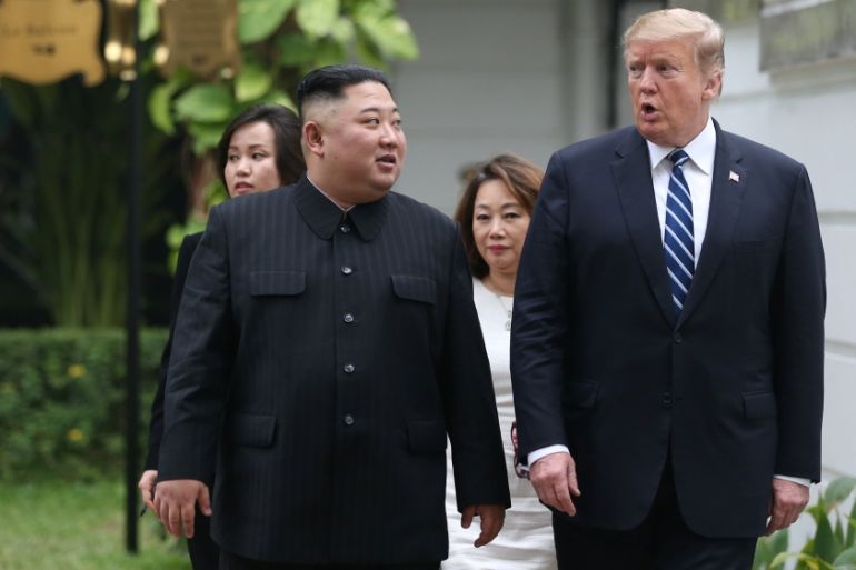 North Korea''s leader Kim Jong Un and U.S. President Donald Trump talk in the garden of the Metropole hotel during the second North Korea-U.S. summit in Hanoi