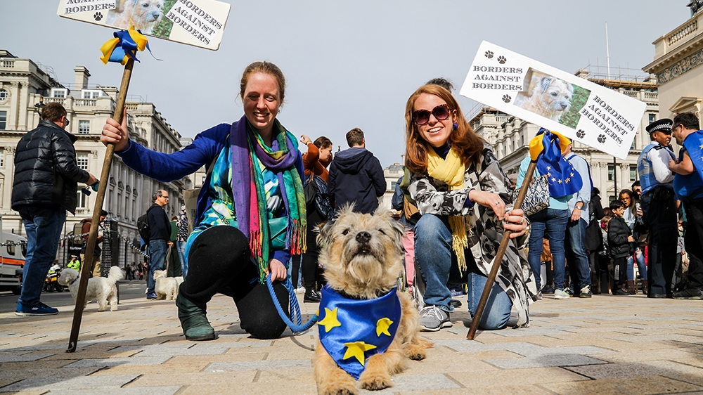 Jack the border terrier with members of the Seward family on the Wooferendum march [Phil Watson/Wooferendum]