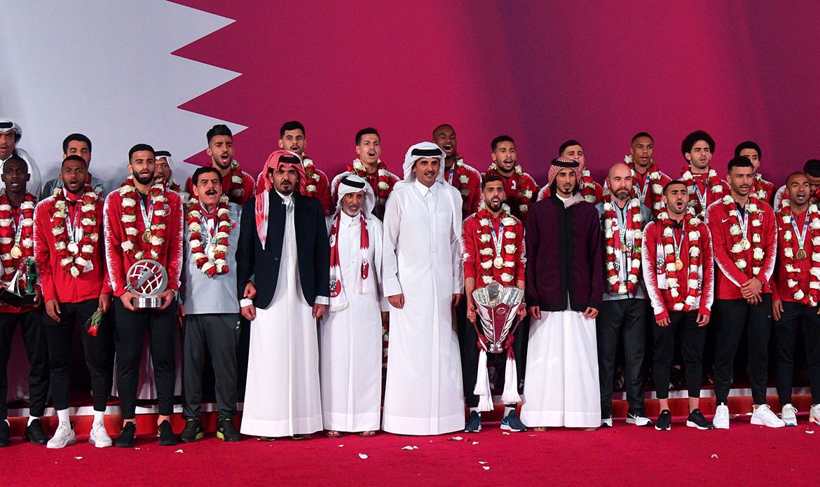 The Emir of Qatar, Sheikh Tamim bin Hamad Al Thani (C) welcomes the Qatari national soccer team arriving from UAE at Doha International airport in Doha, Qatar, 02 February 2019. Qatar won the AFC for