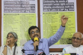 Joint Press Conference Condemning The Arrest Of Activists In Bhima-koregaon Violence Case MUMBAI, INDIA - AUGUST 29: Susan Abraham, wife of Vernon Gonsalves, Civil rights activist Anand Teltumbde whos
