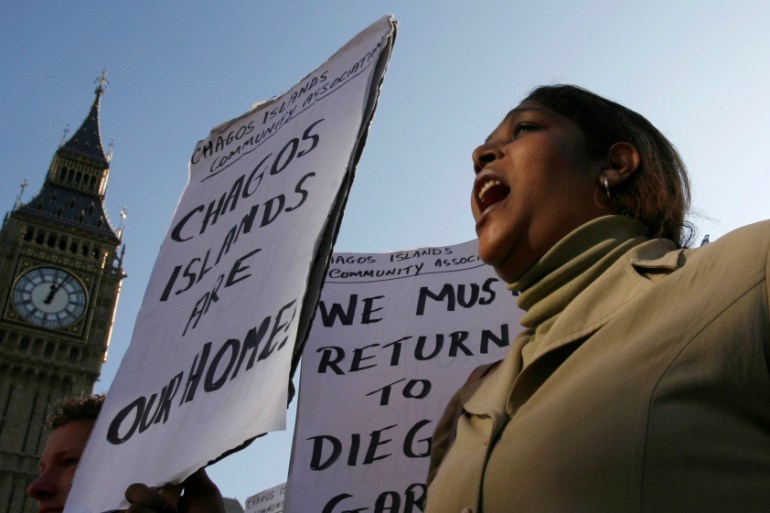 Demonstrator demanding her return to the Chagos Islands in the Diego Garcia archipelago shouts during a protest outside the Houses of Parliament in London