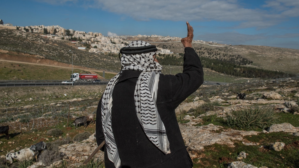 A Palestinian shepherd complains about the barbed wire Israeli authorities installed in the middle of the hill where he grazes his flock near the Palestinian town of Hizma. 'It injures my sheep, but what can we do? There is no space anymore.' [Annelies Keuleers/Al Jazeera]