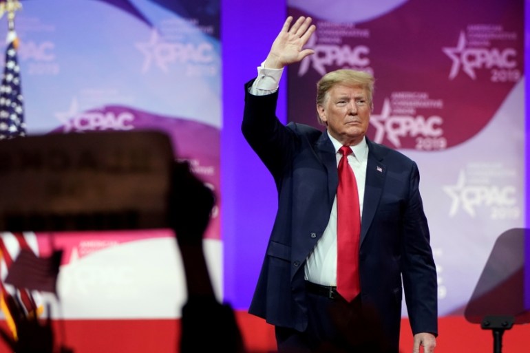 U.S. President Donald Trump waves after speaking at the Conservative Political Action Conference (CPAC) annual meeting at National Harbor in Oxon Hill, Maryland