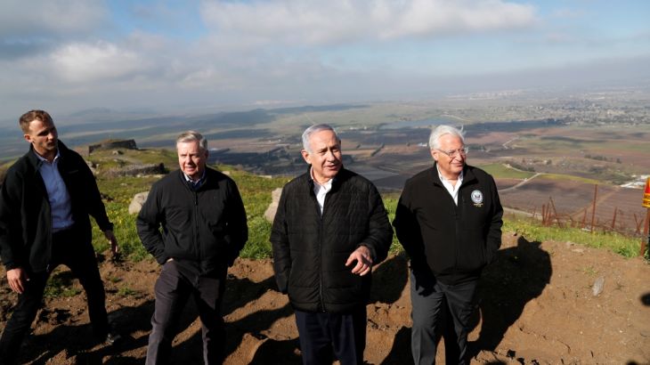 Israeli Prime Minister Benjamin Netanyahu, U.S. Republican Senator Lindsey Graham and U.S. Ambassador to Israel David Friedman visit Israeli-occupied Golan Heights