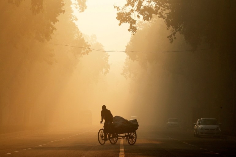 A man rides a rickshaw on a smoggy morning in New Delhi, India, December 26, 2018