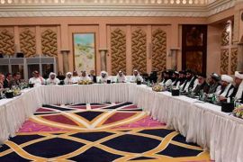 US, Taliban and Qatar officials seen during a meeting in Doha, Qatar [Qatari Foreign Ministry/Handout via Reuters]