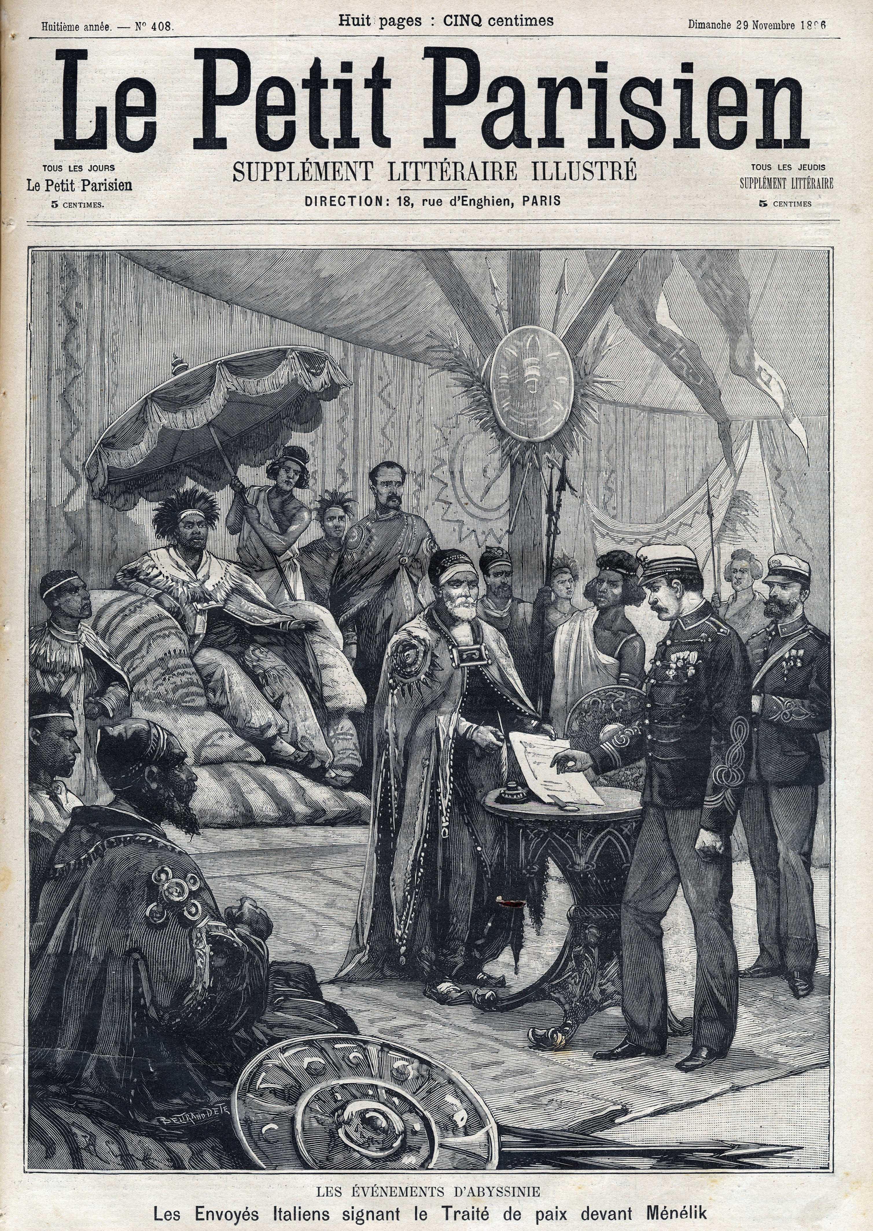 Italian representatives signing the peace treaty in front of Emperor Menelik II of Ethiopia, Frontpage of French newspaper Le Petit Parisien, 1896, Private Collection [File: Leemage/Getty Images]