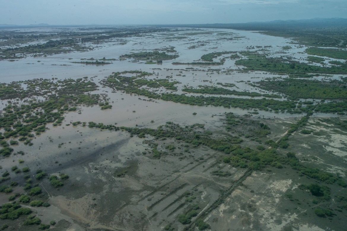 An aerial view shows flooded land in Bangula in the Nsanje district of southern Malawi, on March 15, 2019. - At least 56 people have died in flood-hit areas as of March 13, according to the government