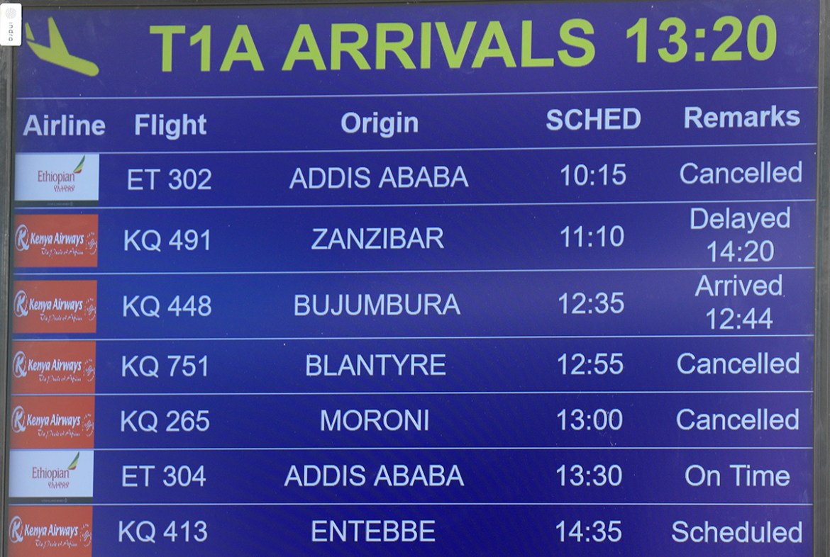 A flight information of the Ethiopian Airlines Flight 302 is displayed on a screen at the Jomo Kenyatta International Airport (JKIA) in Nairobi, Kenya, 10 March 2019. Ethiopian Airlines Boeing 737 en