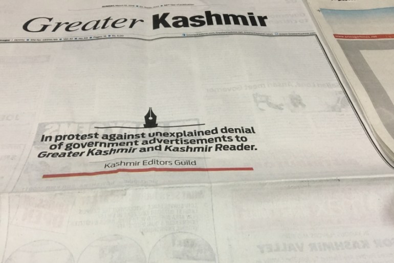 Newspapers in Kashmir carried black front pages to protest the government ban on ads to two newspapers