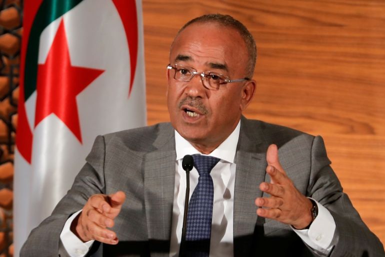 Algeria''s newly appointed prime minister, Noureddine Bedoui, speaks during a joint news conference with deputy prime minister Ramtane Lamamra, in Algiers