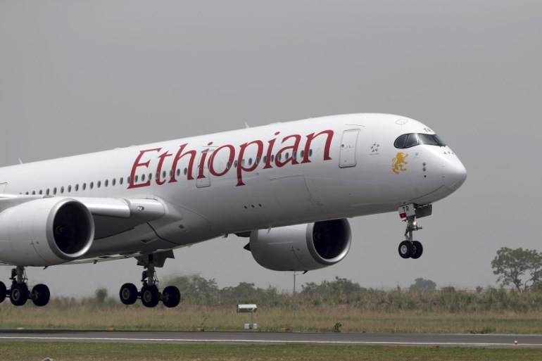 In this photo released by the Nigeria State House Ethiopian airline airbus lands at the repaired runway at the Nnamdi Azikiwe International airport in Abuja. Nigeria''s government says the internationa