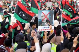 Libyan protesters attend a demonstration to demand an end to the Khalifa Haftar''s offensive against Tripoli, in Martyrs'' Square in central Tripoli