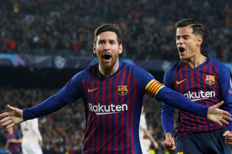 Soccer Football - Champions League Quarter Final Second Leg - FC Barcelona v Manchester United - Camp Nou, Barcelona, Spain - April 16, 2019 Barcelona''s Lionel Messi celebrates scoring their first goa