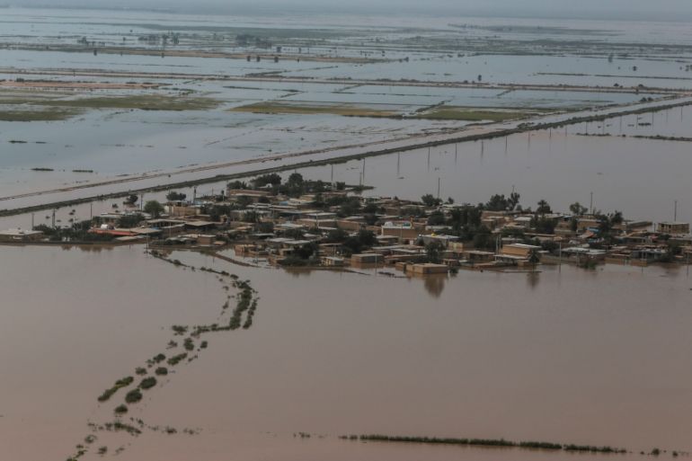 An aerial view of flooding in Khuzestan province, Iran, April 5, 2019. Picture taken April 5, 2019