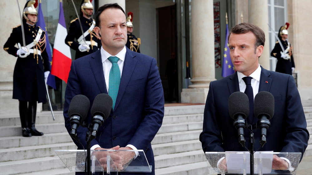 French President Macron, right, addressed Brexit before a meeting with Irish leader Leo Varadkar [Philippe Wojazer/Reuters]