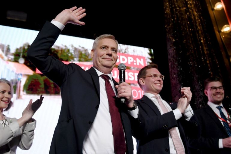 Chairman of The Finnish Social Democratic Party Antti Rinne, his wife Heta Ravolainen-Rinne and Party Secretary Antton Ronnholm attend the Party''s election party in Helsinki, Finland April 14, 2019. L