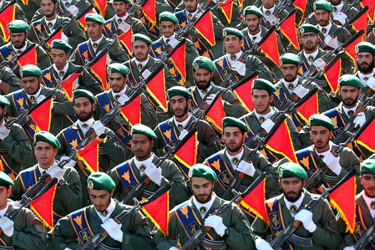 Iran''s Revolutionary Guard troops march in a military parade marking the 36th anniversary of Iraq''s 1980 invasion of Iran, in front of the shrine of late revolutionary founder Ayatollah Khomeini, just