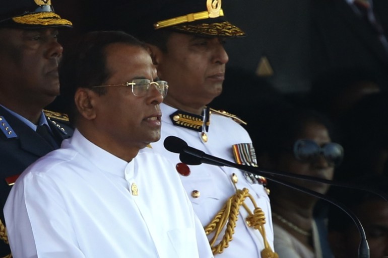 Sri Lankan President Mathreepala Sirisena (C) addresses the nation during the 71st Independence Day commemoration event at the Galle Face Green promenade in Colombo, Sri Lanka, 04 February 2019