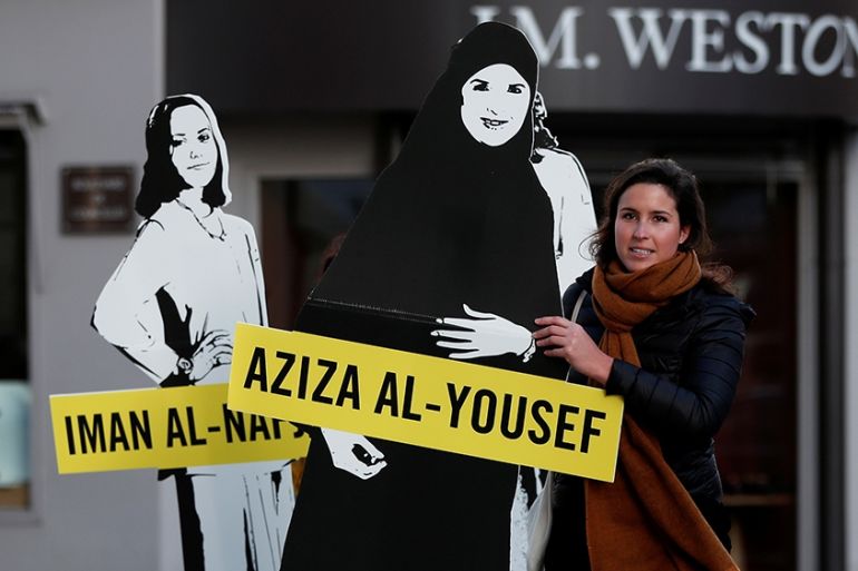 Demonstrators from Amnesty International stage the protest on International Women''s day to urge Saudi authorities to release jailed women''s rights activists Loujain al-Hathloul, Eman al-Nafjan and Azi