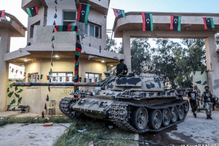 This image released on the Facebook page of Libya''s strongman Khalifa Haftar''s self-proclaimed Libyan National Army (LNA) War Information Division''s on April 10, 2019, reportedly shows a tank and m