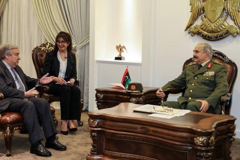 ecretary General of the United Nations Antonio Guterres meets with Libyan military commander Khalifa Haftar in Benghazi