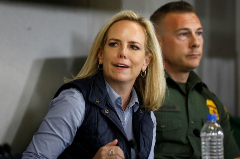 Homeland Security Secretary Kirstjen Nielsen speaks during a border security briefing held for U.S. President Donald Trump near the US-Mexico border in El Centro, California, U.S., April 5, 2019. Pict