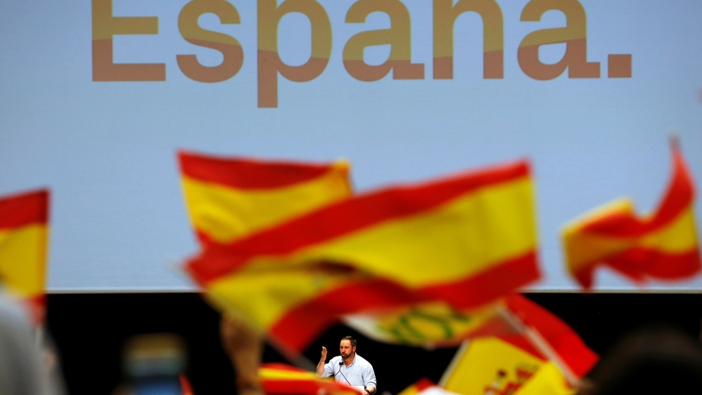 Santiago Abascal, leader and presidential candidate of Spain's far-right party Vox, delivers a campaign speech in the Andalusian capital of Seville [Marcelo del Pozo/Reuters]
